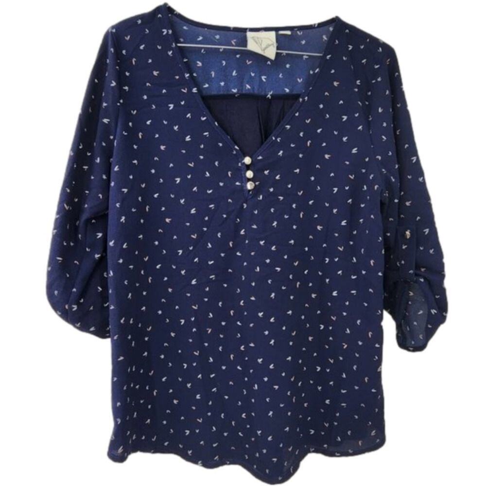 JANET CHUNG Navy Blue 3/4 Length Sleeve Blouse Top Womens Size Small S